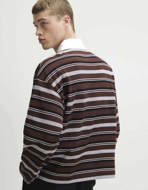 River Island Oversized fit cotton striped polo shirt in brown, 4 of 4