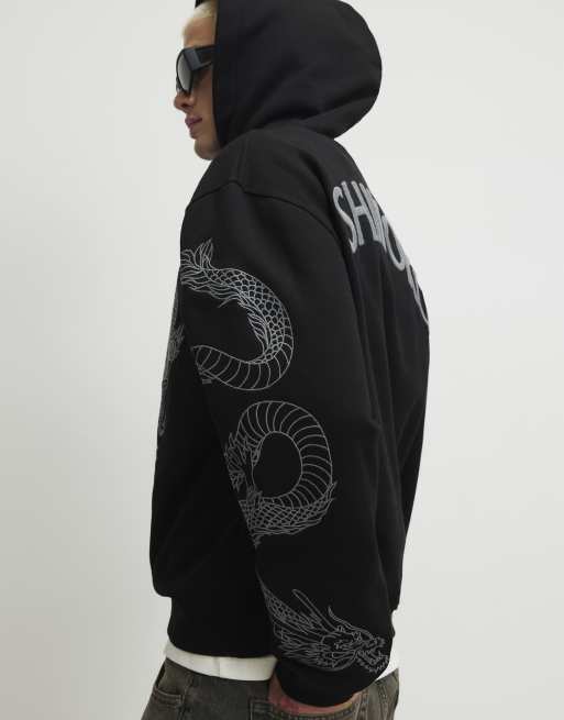 River Island Oversized fit embroidered dragon hoodie in black, 3 of 4