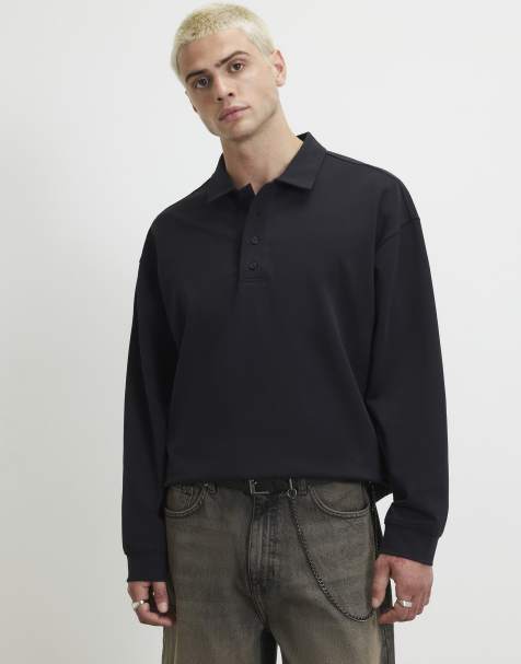 River Island Oversized fit quarter button polo shirt in black - view 1
