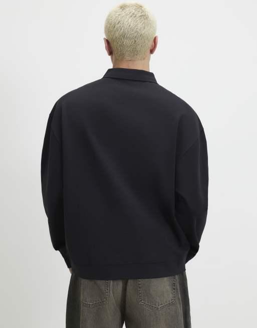 River Island Oversized fit quarter button polo shirt in black, 4 of 4
