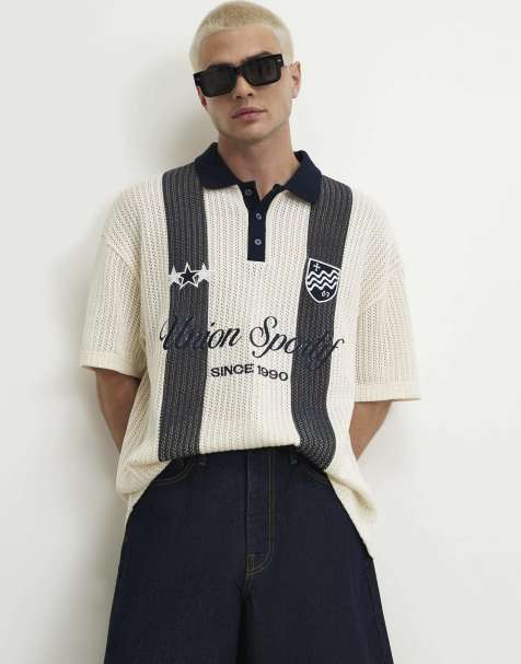 River Island Oversized fit stripe crochet polo shirt in ecru - view 1