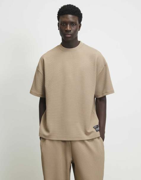 River Island Oversized fit waffle textured t-shirt in stone - view 1