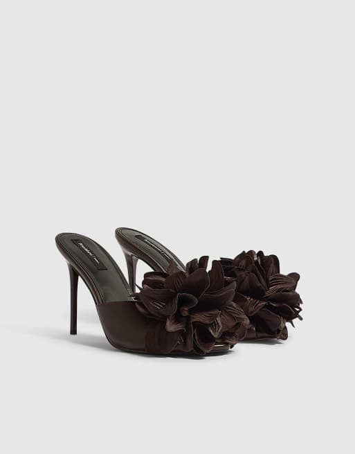 River Island Oversized flower heeled mules in brown, 2 of 4
