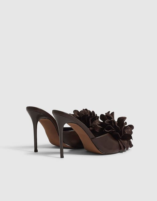 River Island Oversized flower heeled mules in brown, 4 of 4