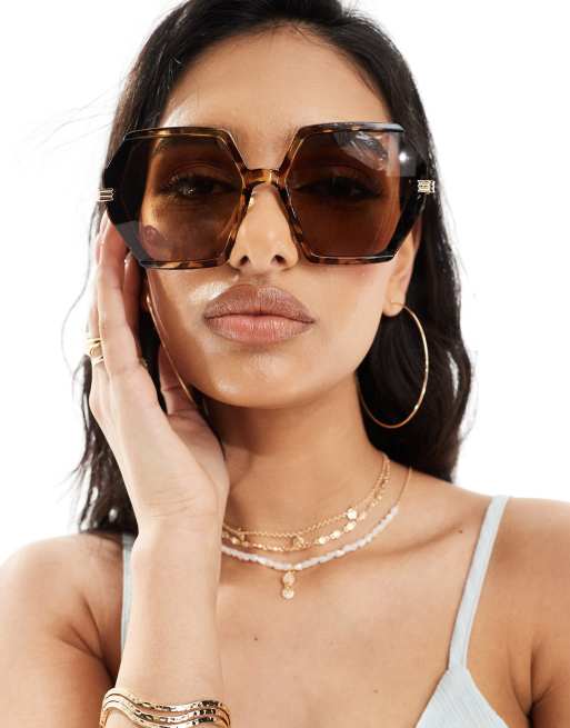 River Island Oversized Hexagonal Sunglasses In Dark Brown Asos