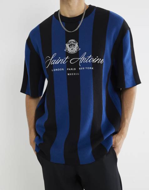 River Island oversized knitted football t-shirt in black and blue - view 1