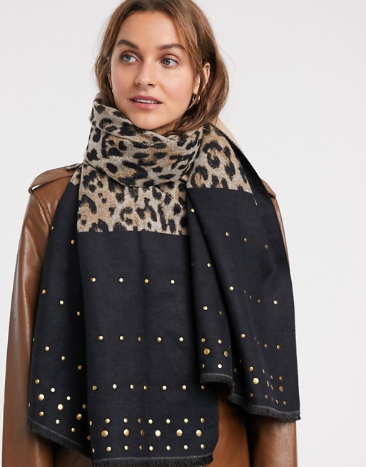 River Island oversized lightweight scarf with studs in leopard print