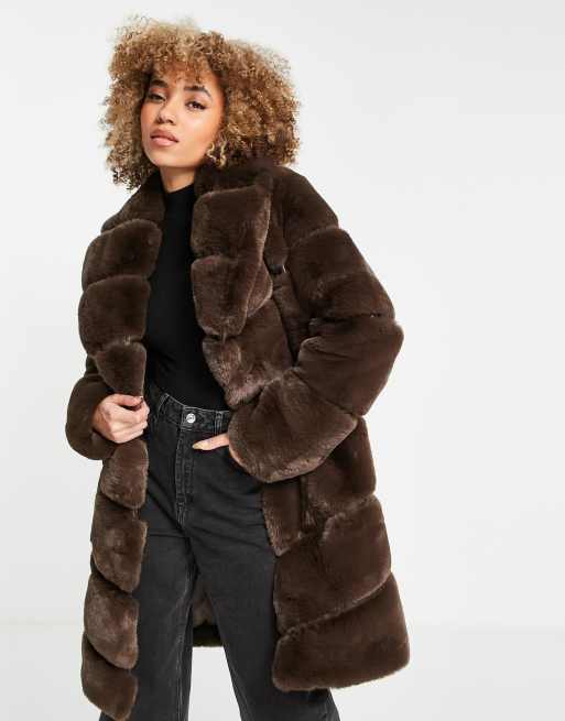 River Island oversized long line faux fur coat in brown