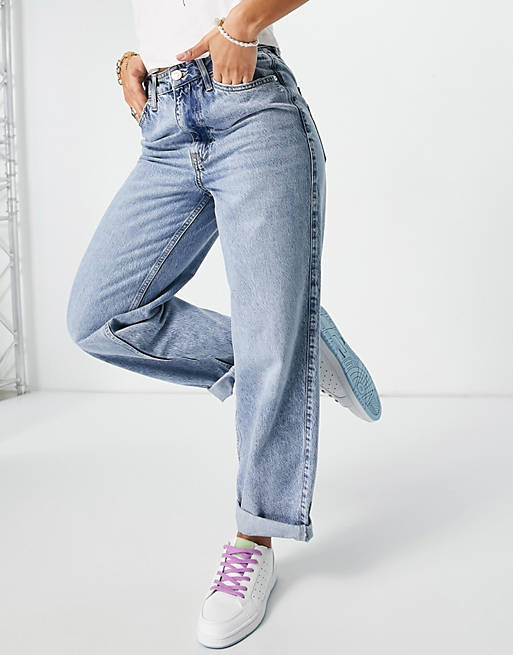 Women River Island oversized mom jeans in mid auth blue 