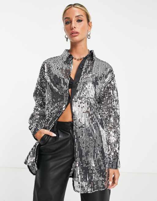 River Island - Oversized overhemd met lovertjes in zilver, 4 van 4