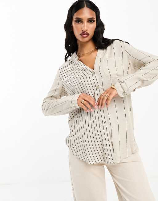 River Island - Oversized overhemd van gemêleerd gestreept linnen in stone
