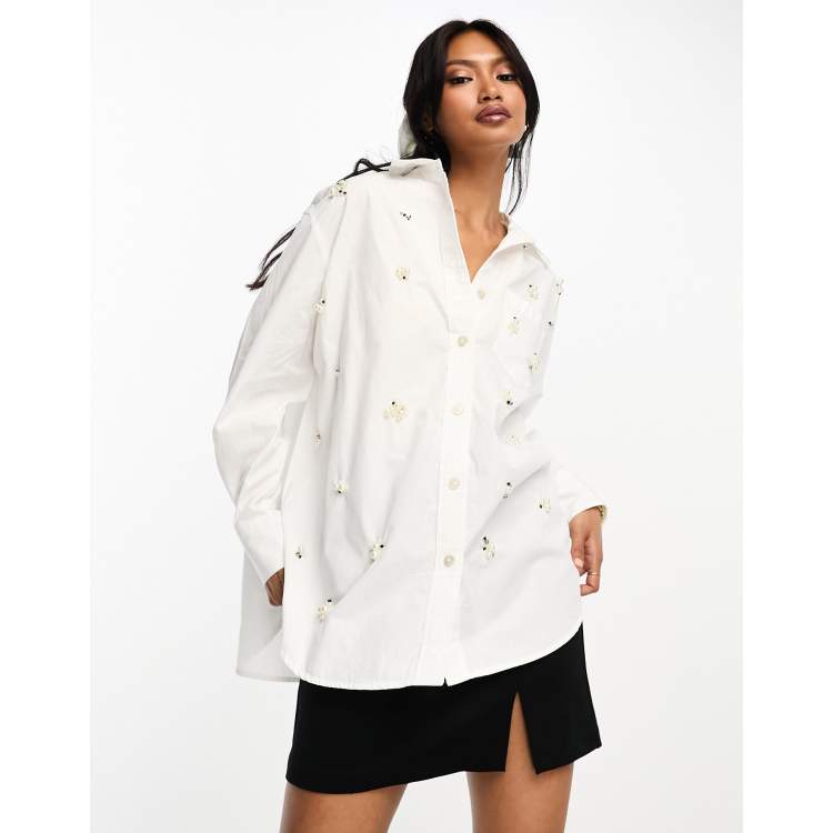 River Island oversized pearl embellished shirt in white | ASOS