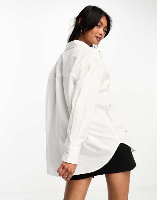 River Island oversized pearl embellished shirt in white