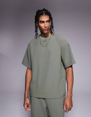 oversized plisse t-shirt in light khaki green - part of a set
