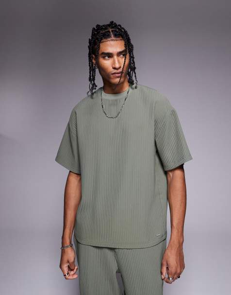 River Island oversized plisse t-shirt in light khaki green - part of a set - view 1