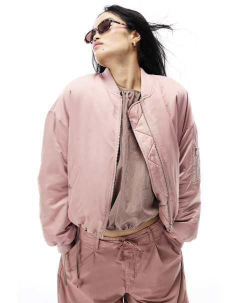River Island Oversized ruched hem bomber jacket in pink