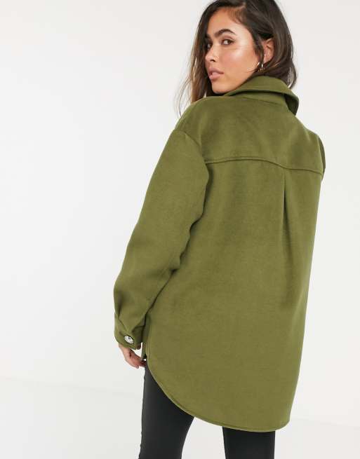 River Island - Oversized shacket met diamanten knopen in kaki, 2 van 4