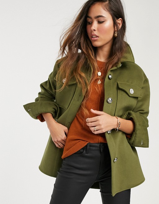 River Island oversized shacket with diamante button detail in khaki