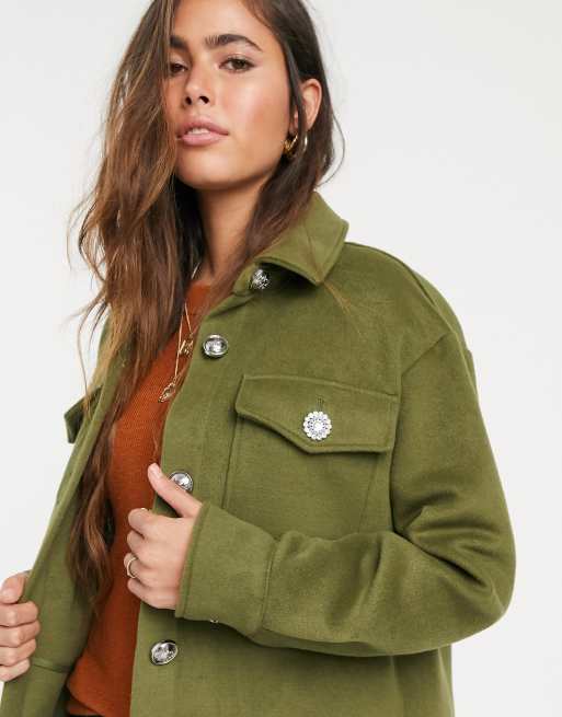 River Island oversized shacket with diamante button detail in khaki, 3 of 4