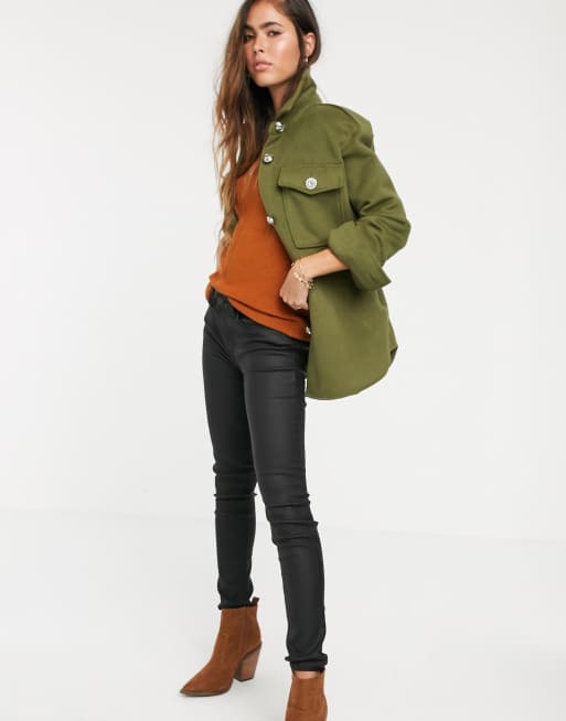 River Island oversized shacket with diamante button detail in khaki, 4 of 4