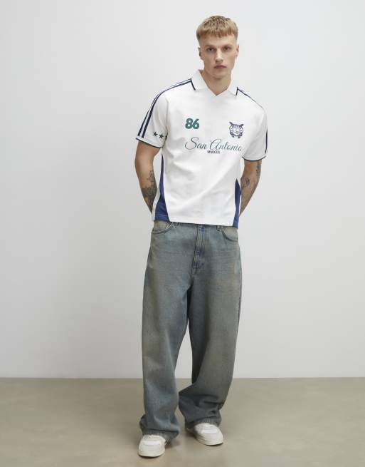 River Island Oversized stripe football polo shirt in white, 2 of 4