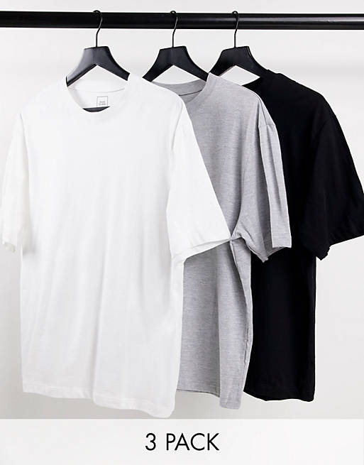 Men River Island oversized t-shirt in black/white/grey 3 pack 