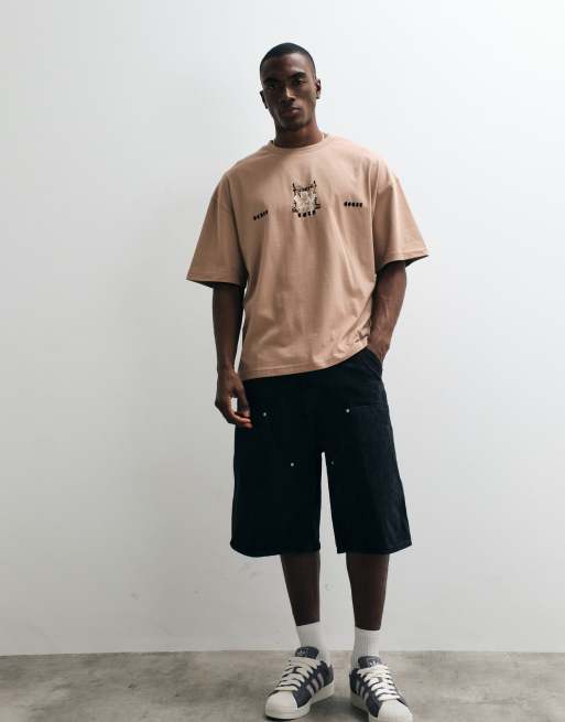 River Island - Oversized T-shirt met geflockte renaissanceprint in lichtbruin, 3 van 5