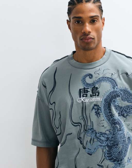 River Island oversized T-shirt met Japanse graphic en wassing in blauw, 3 van 5