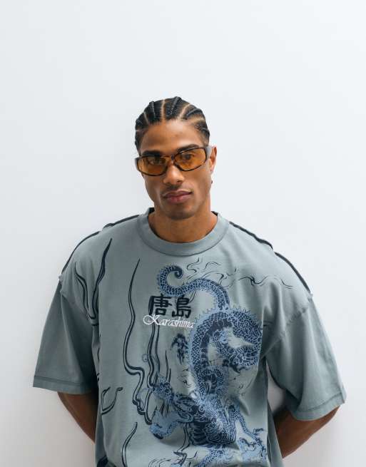 River Island oversized T-shirt met Japanse graphic en wassing in blauw, 4 van 5