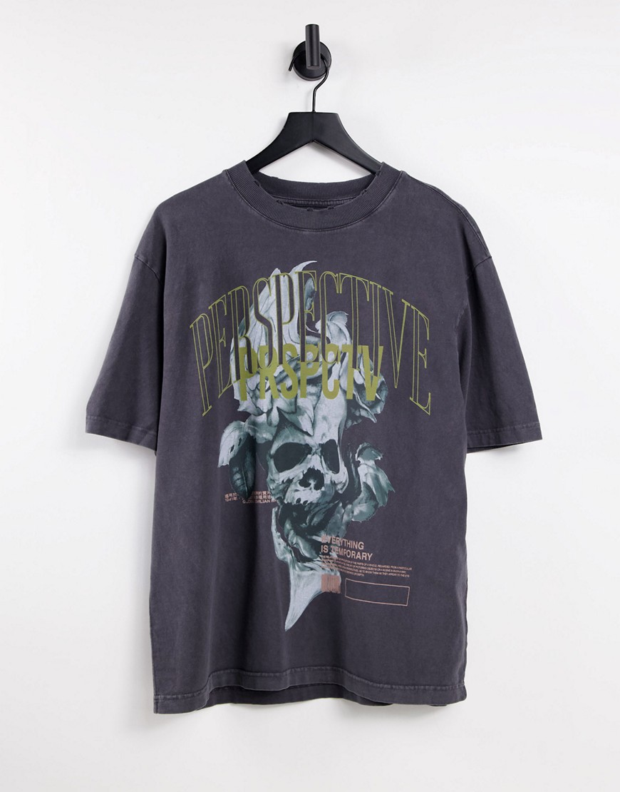 River Island oversized t-shirt with skull print in gray-Grey