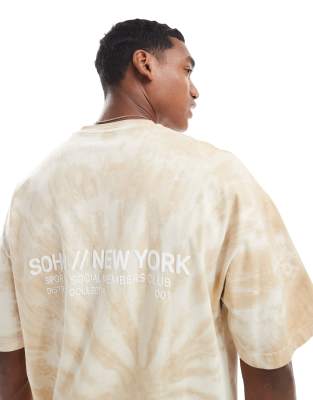 oversized T-shirt with Soho logo back print in ecru tie dye-White