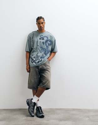 River Island Oversized Washed Japanese Graphic T-shirt In Blue