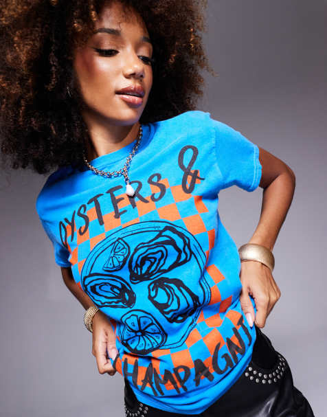 River Island oyster print boyfriend t-shirt in mid blue - view 1