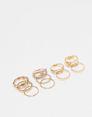 River Island pack of 10 rings in twist and crystal designs in gold tone