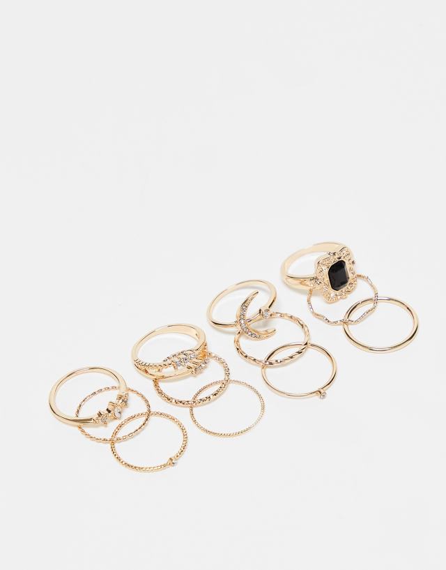 River Island pack of 11 celestial crystal rings in goldtone