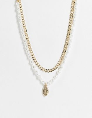 River Island pack of 2 shell and faux pearl necklaces in gold tone | ASOS