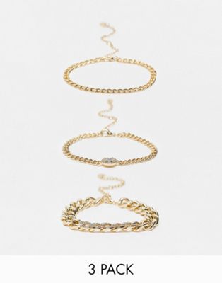 River Island pack of 3 bracelets with crystals in gold tone