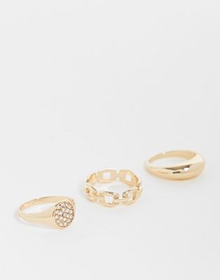 River Island pack of 3 glam and crystal signet rings in gold tone