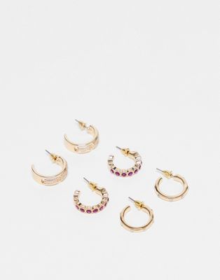 River Island pack of 3 hoop earrings with pink crystal in gold tone
