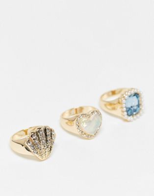 River Island pack of 3 shell and jewel rings in gold tone