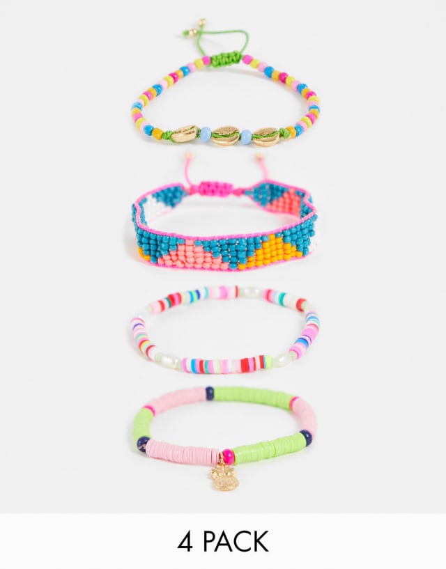 River Island pack of 4 bracelets in mixed summer beads and charms