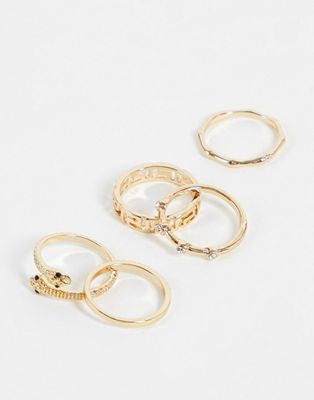River Island pack of 5 rings with crystal in gold tone