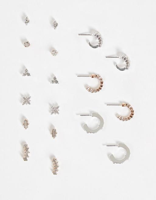 River Island pack of 9 baguette crystal rose gold and silver earrings