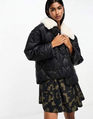River Island padded jacket with faux fur collar in black - ASOS Price Checker