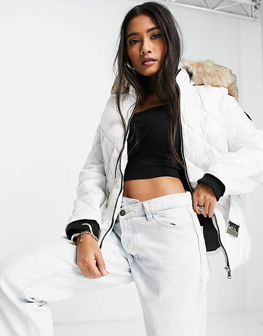 River Island padded puffer jacket with faux fur hood in white