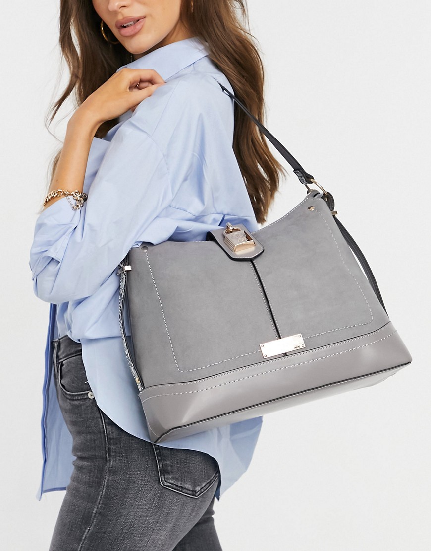 River Island Padlock Detail Suedette Slouch Bag In Gray-grey 