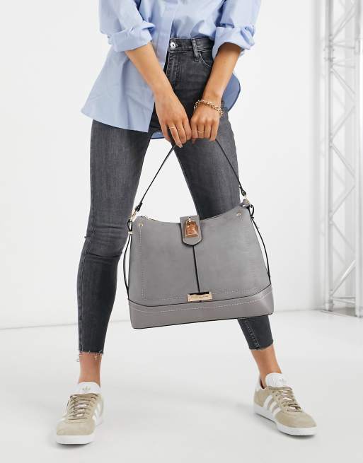 River Island padlock detail suedette slouch bag in gray