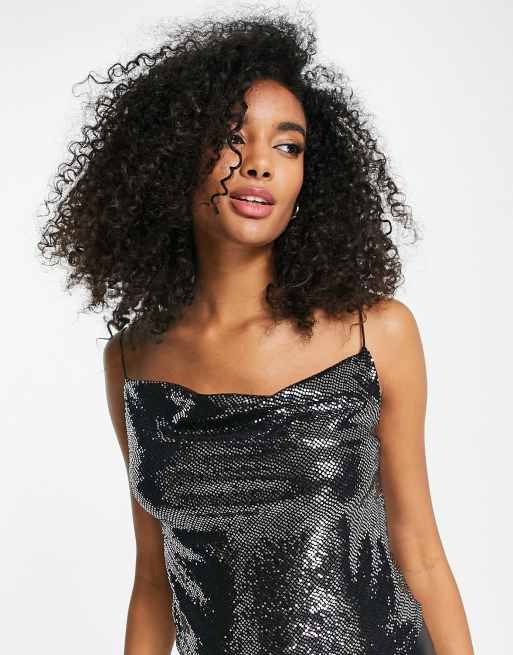 River Island – Paillettenoberteil in Silber mit Wasserfallausschnitt und V-Saum, 3 von 4
