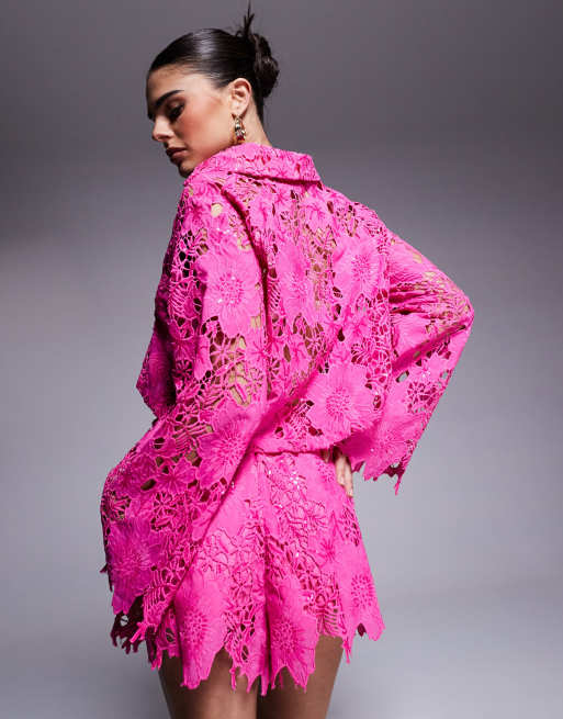 River Island Paillettes in pizzo sangallo rosa con paillettes in