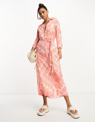 River Island paisley belted shirt midi dress in pink